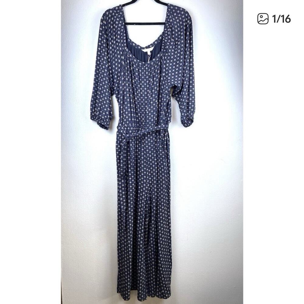 NWT Sz XL Garnet Hill LS Elas Nck Blue Prnt Waistbnd Tie Pkts Wide Leg Jump Suit - Picture 3 of 13